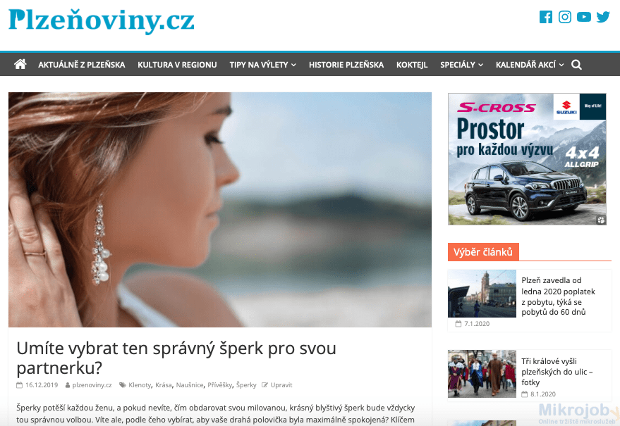 Publikace PR článku v čteném magazínu Plzenoviny.cz